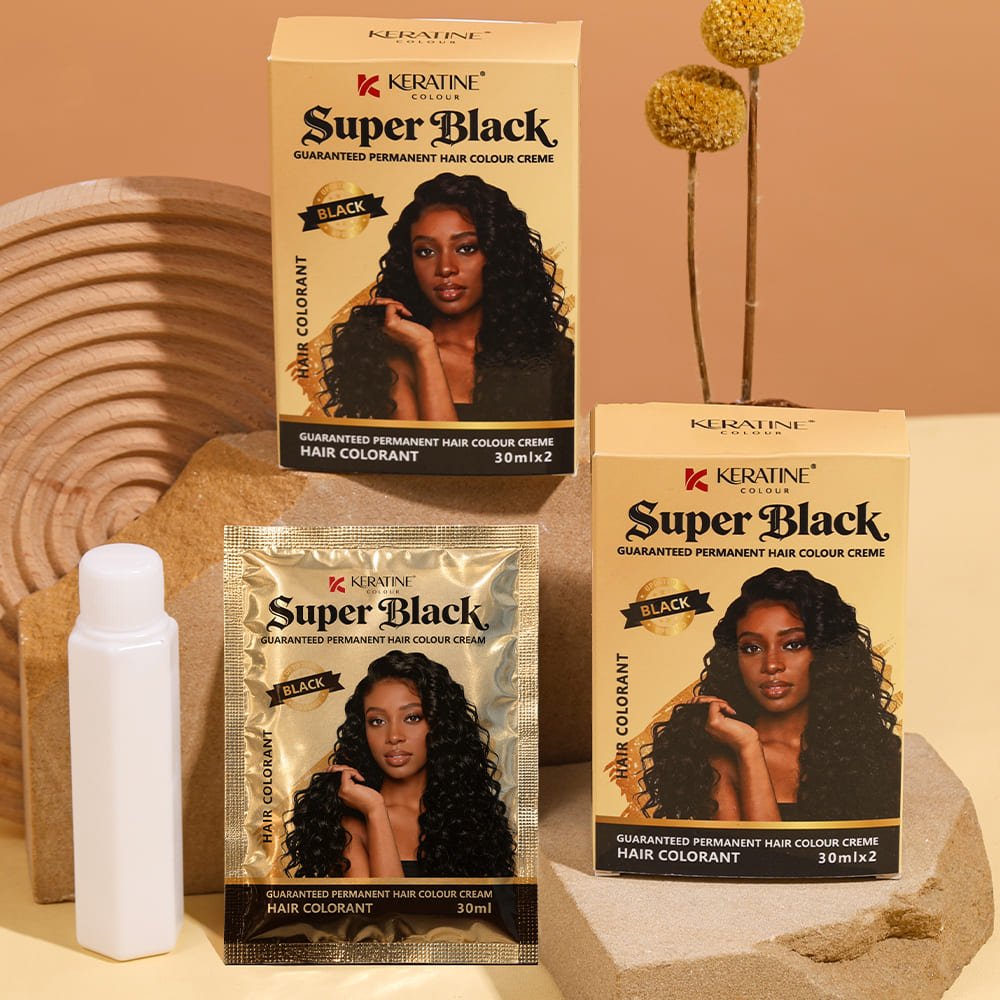 Keratine permanent black hair colour creme outer box
